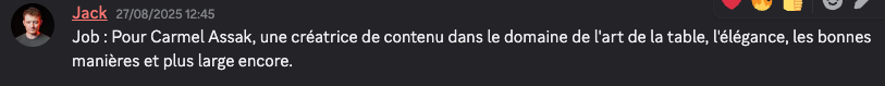 Annonce de job postée par Jack : mission pour la créatrice Carmel Assak
