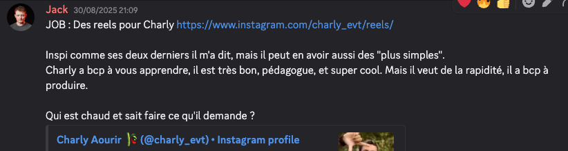 Annonce de job postée par Jack : reels pour le créateur Charly