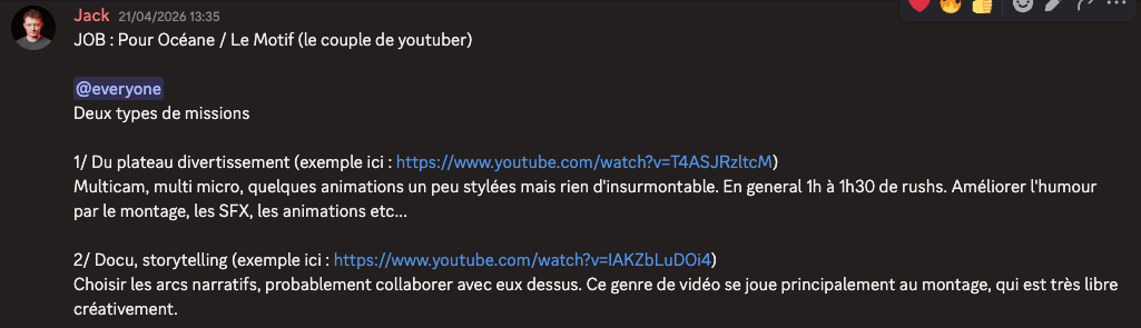 Annonce de job postée par Jack : missions de montage pour Océane et Le Motif, couple de youtubeurs