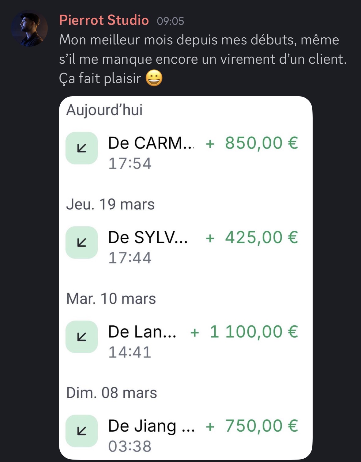 Pierrot Studio partage son meilleur mois avec plusieurs virements clients