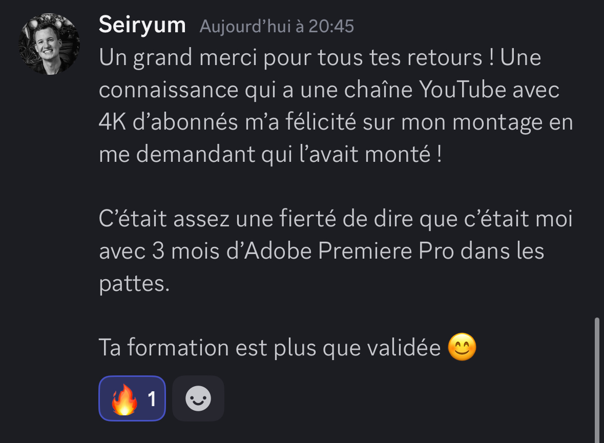 Seiryum félicité pour son montage après 3 mois de pratique