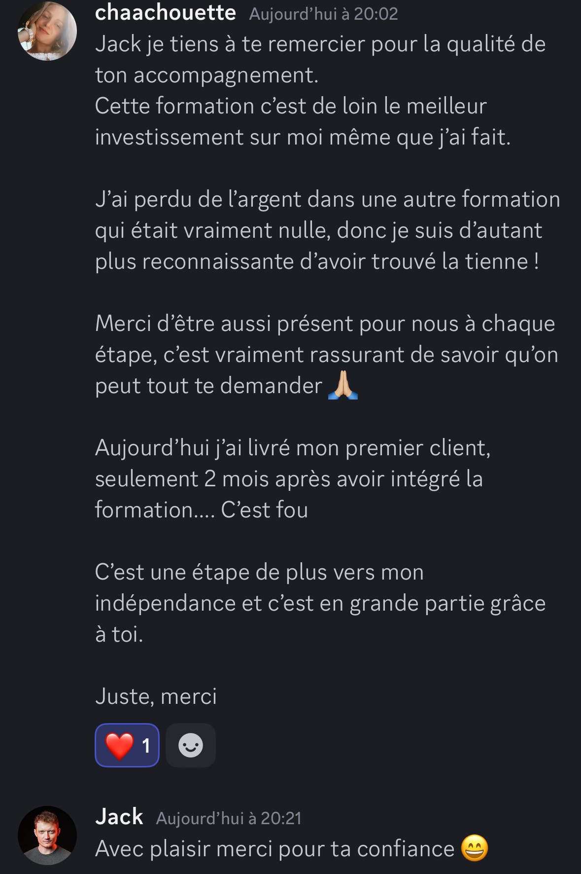 Une élève livre son premier client 2 mois après avoir rejoint la formation