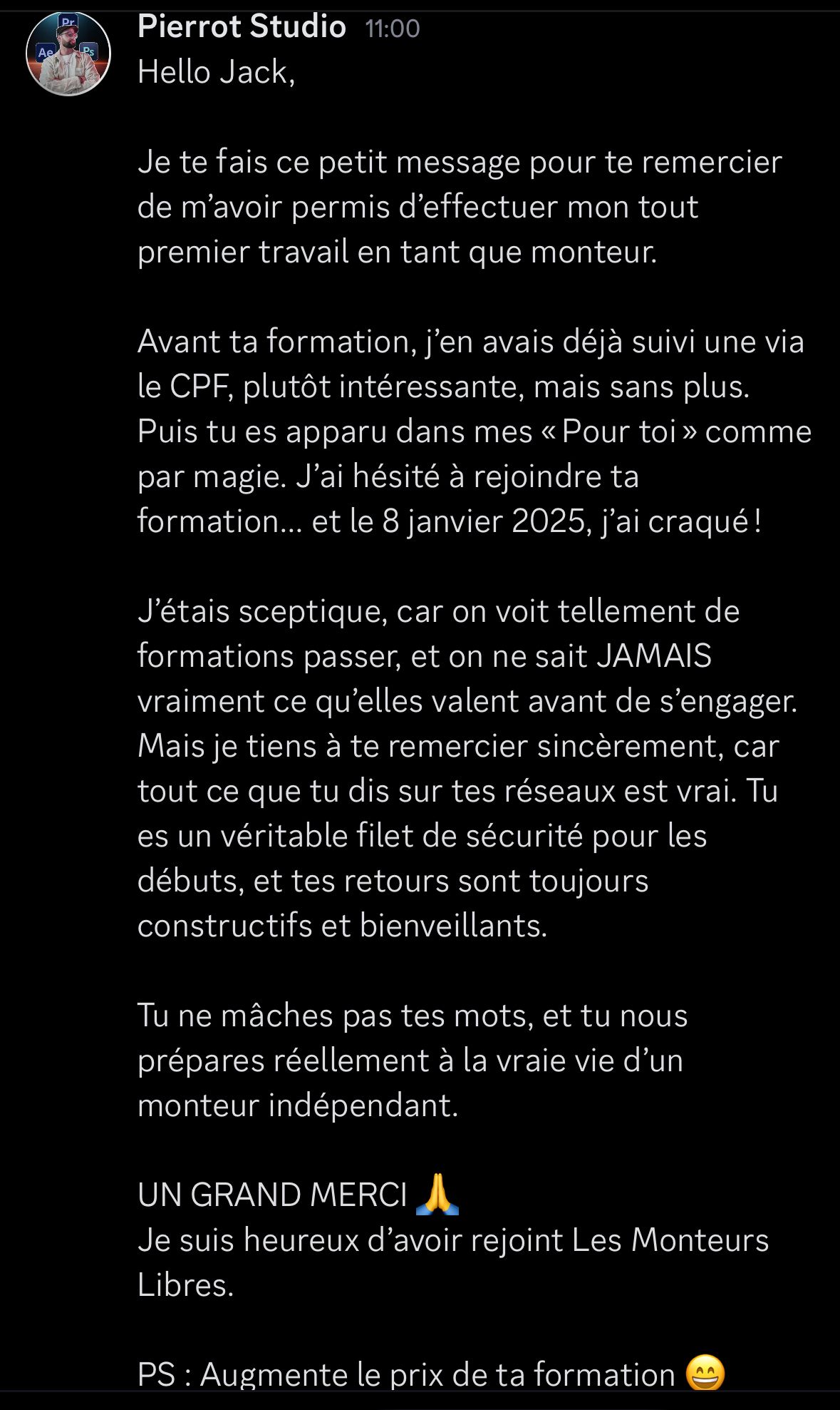 Pierrot Studio remercie Jack après son premier travail de monteur